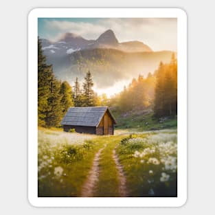 wooden cabin in the mounts Sticker